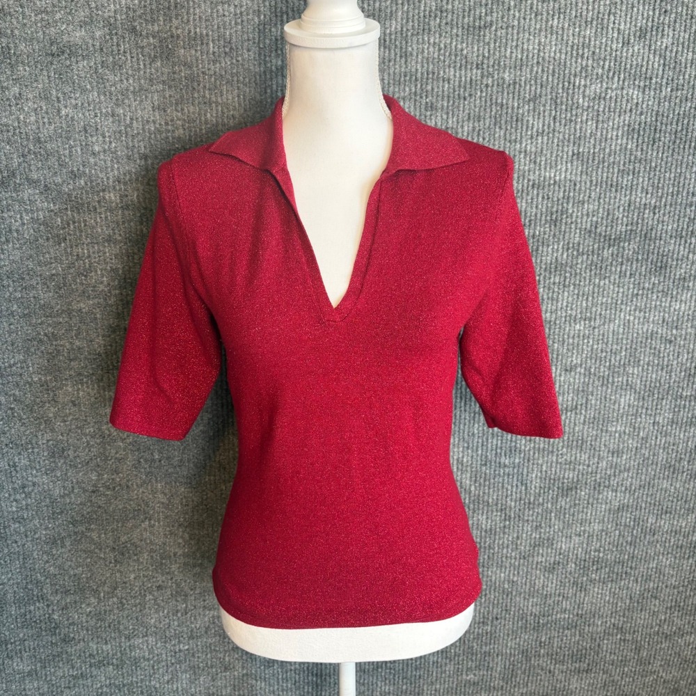 Vintage INC International Concepts Red Metallic Knit Polo V-Neck Top Small